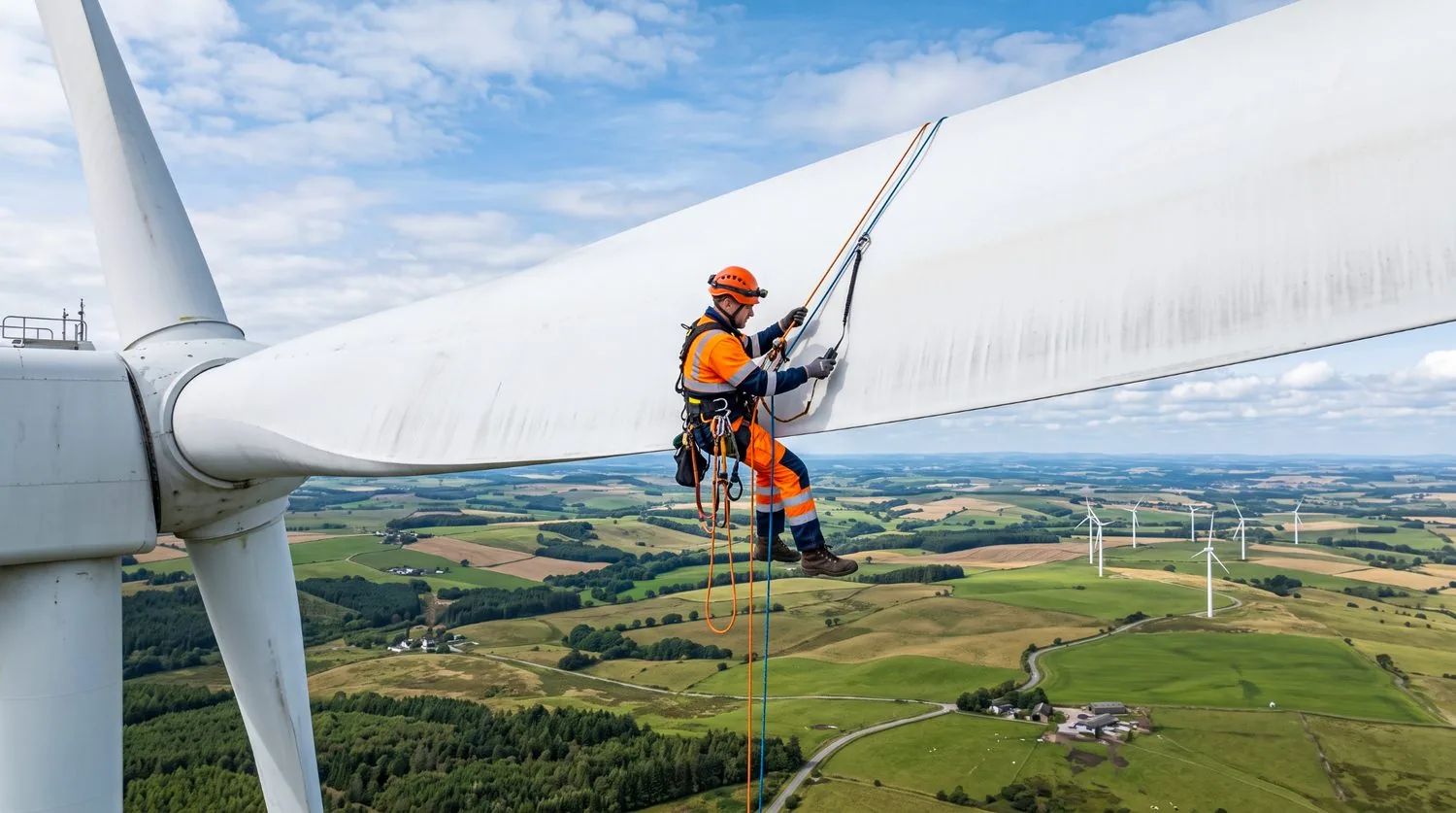 A technician performs rope-access inspection on a wind turbine blade. Life extension through routine maintenance and monitoring avoids end-of-life processing entirely.