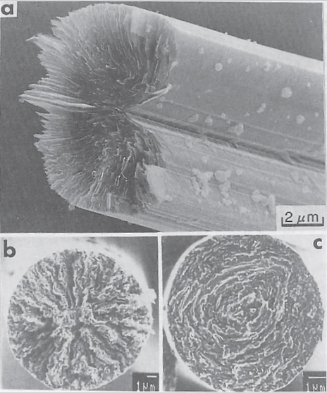 Typical transverse microstructures for pitch based carbon fibers showing (a) radial with wedge, (b) radial, and (c) concentric microstructure