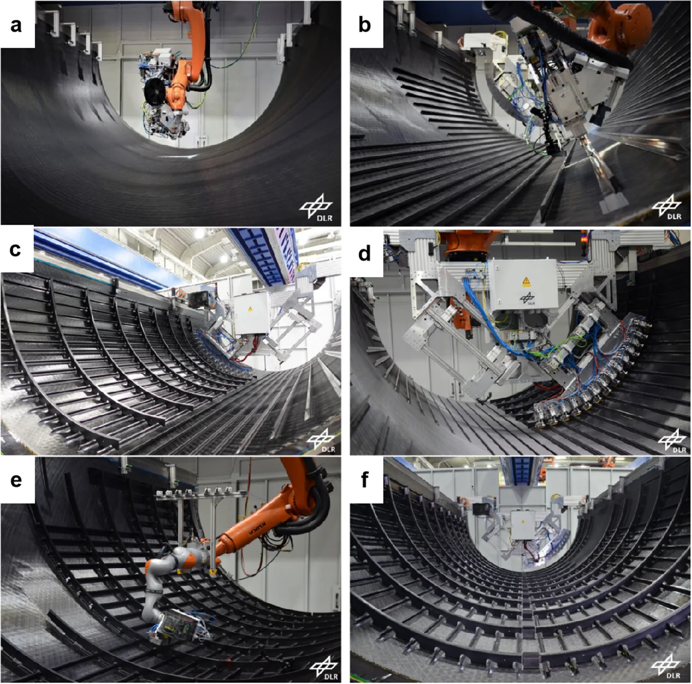 MFFD production steps: AFP skin lay-up, ultrasonic welding of stringers, resistance welding of frames