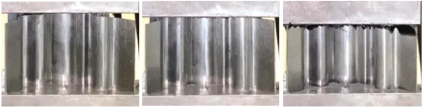 Sequential photographs of tapered SL4 carbon fibre crash box under axial compression