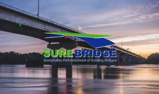 A bridge over water with a blue and green logoDescription automatically generated