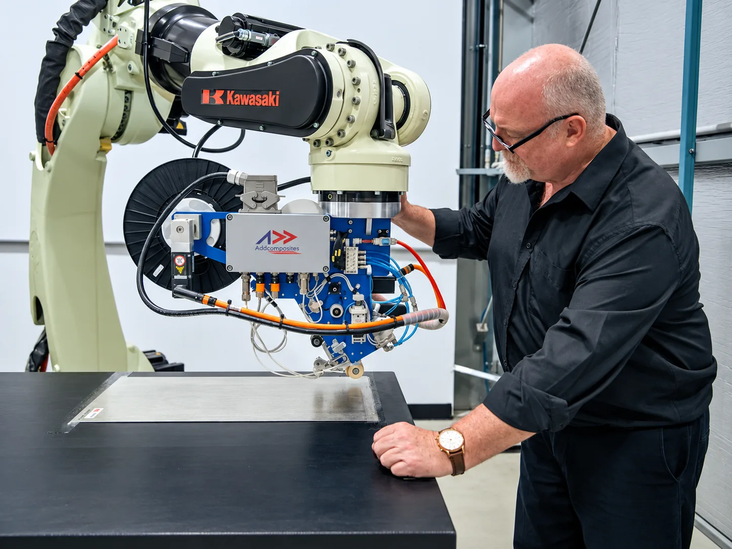 The AFP-XS head mounted on a standard industrial robot, turning an existing arm into a fiber placement cell sized for prototype and low-to-moderate volume work.