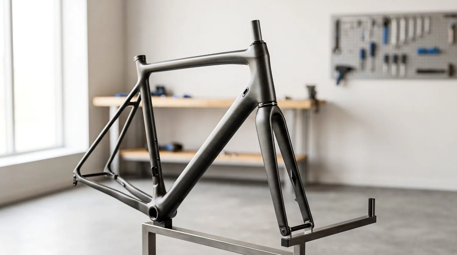 Carbon composite bicycle frame, front triangle detail, showing the head tube joints where the top tube and down tube meet.