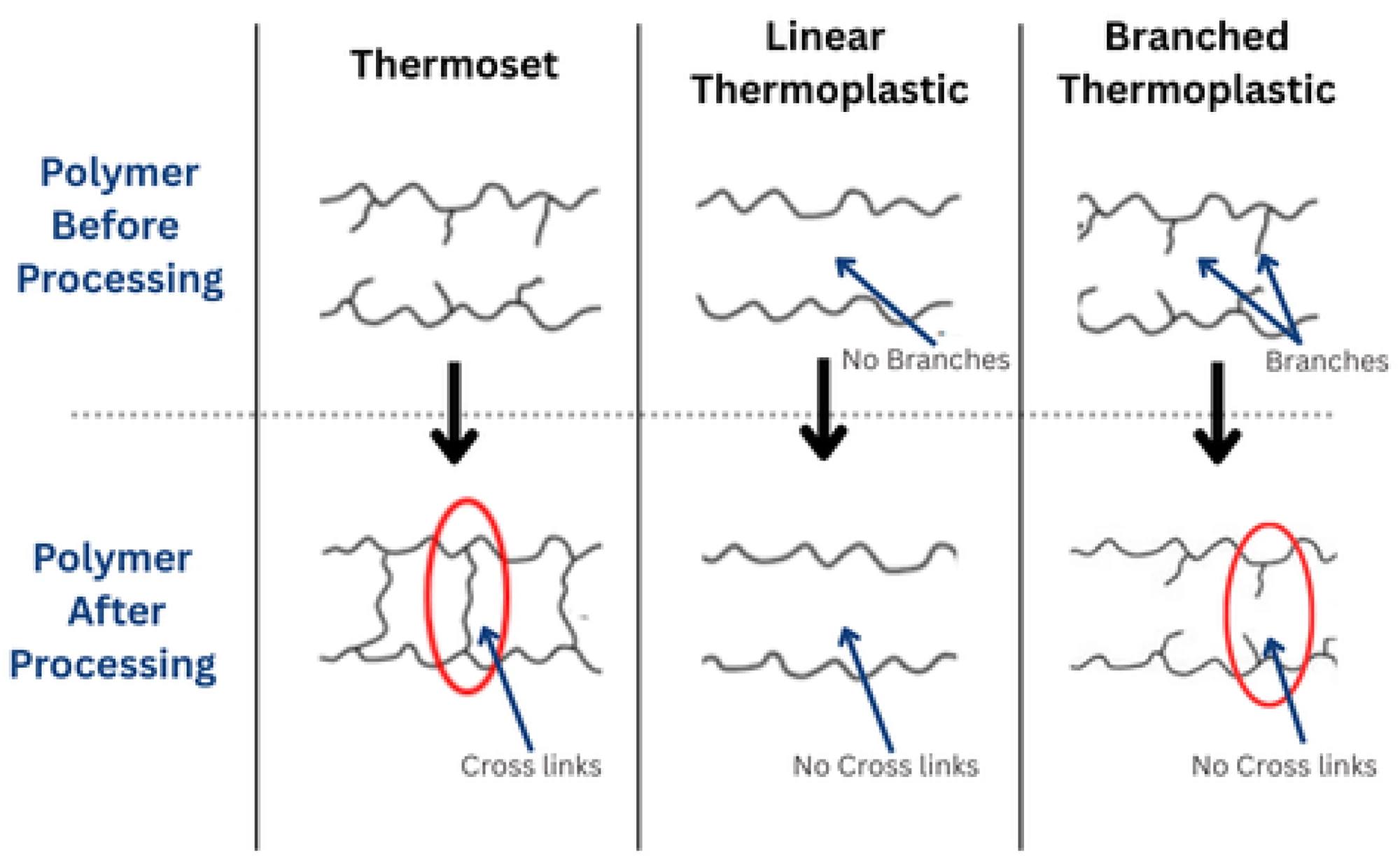 Molecular structure comparison showing thermosets versus thermoplastics