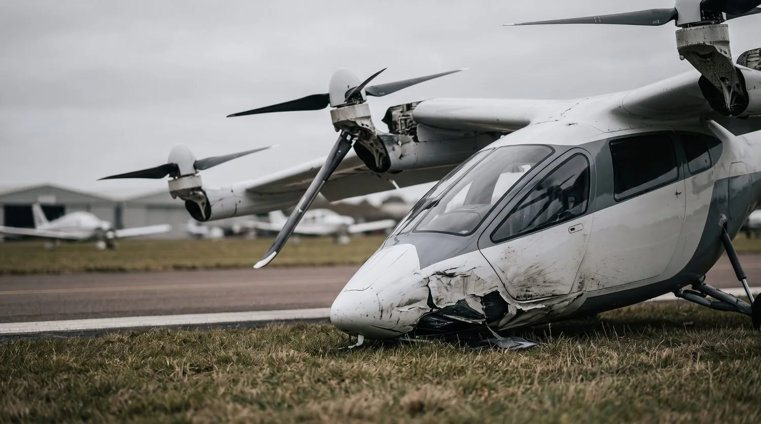 An eVTOL after an off-axis landing, damage concentrated on the underfloor region that must absorb the impact. Illustrative render, not an actual crash.