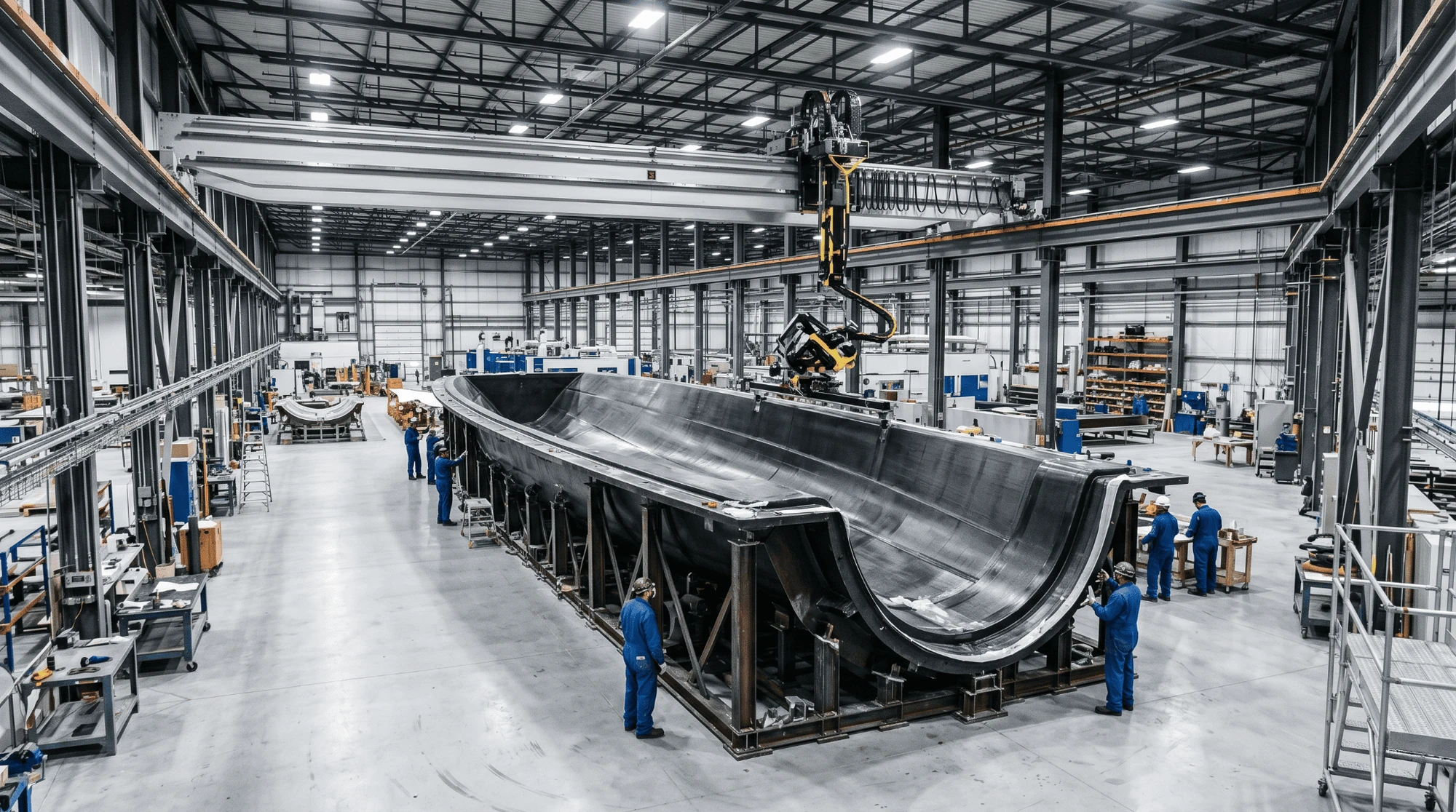 Large-format composite hull mold under a gantry-mounted AFP system
