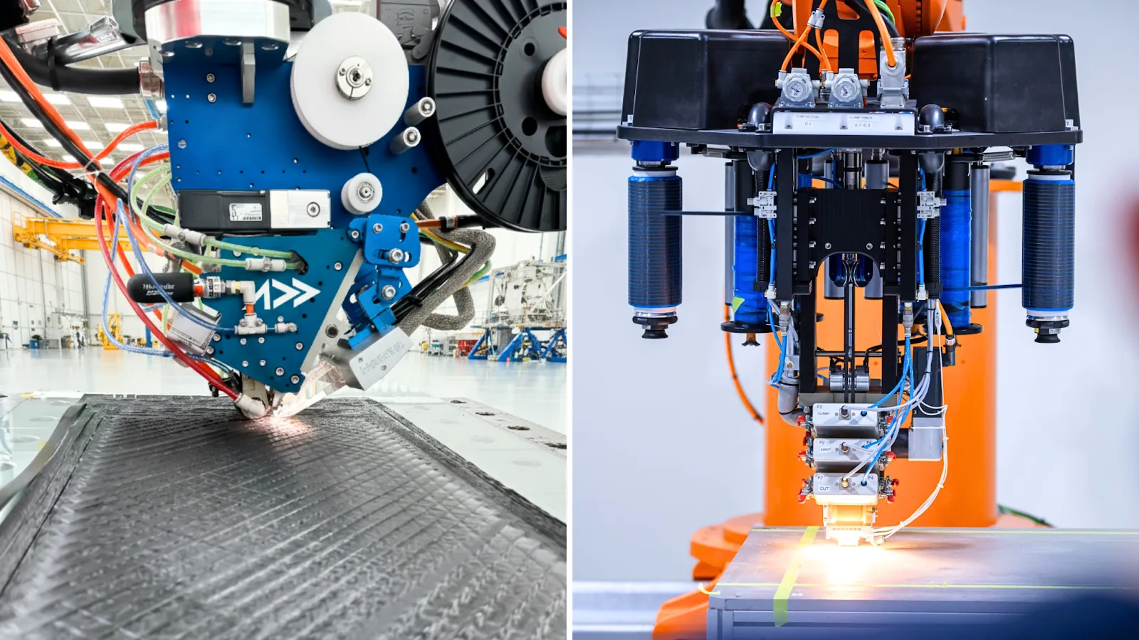 Addcomposites AFP-XS (left) and AFP-X (right) laying carbon-fibre tow onto a mould. Precise, repeatable layup is the foundation of well-characterized composite parts.