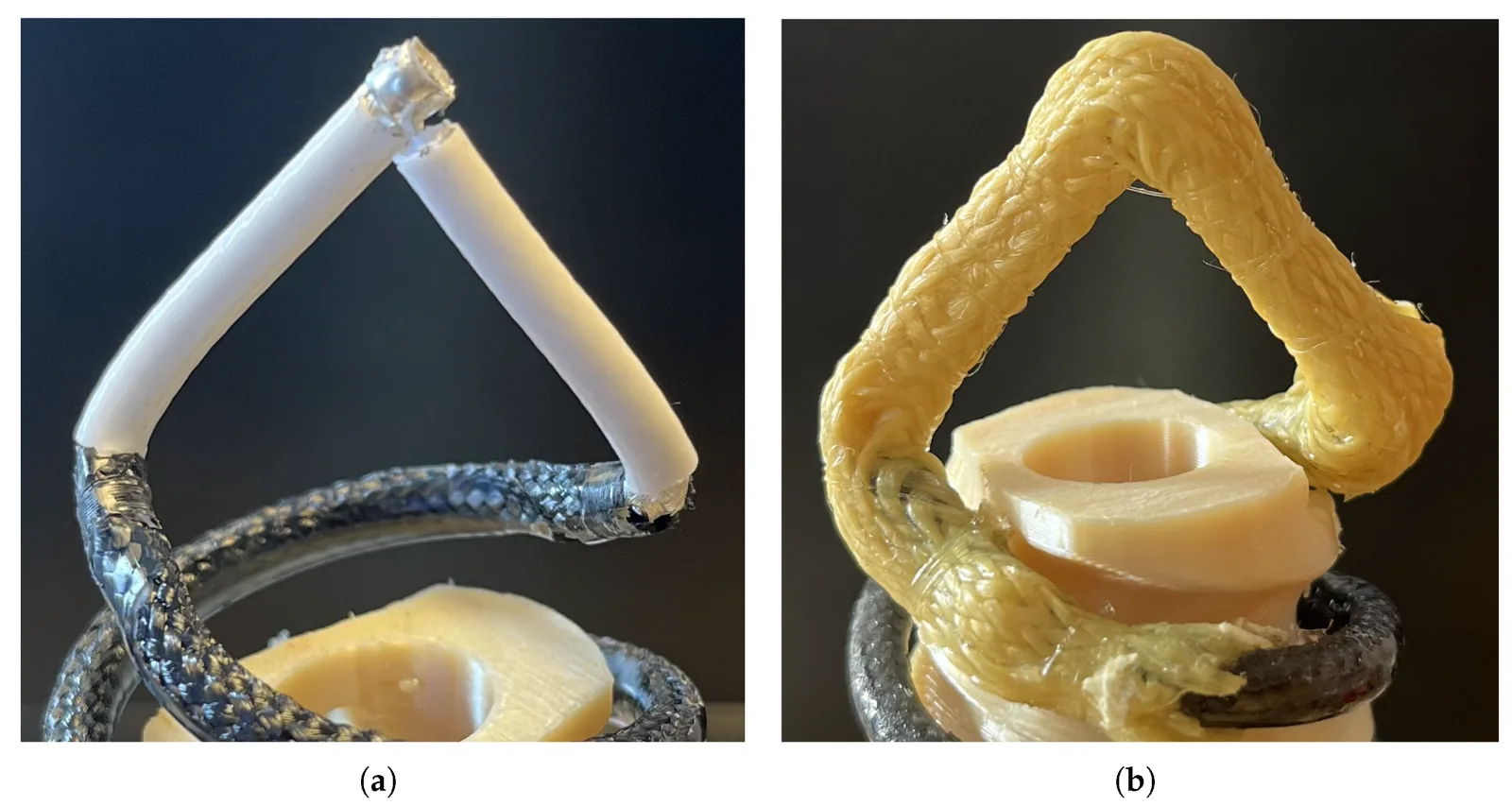 The two coaxial spiral arms soldered together at the apex, then wrapped in a Kevlar-braided tube and epoxy