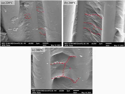 SEM of cryofractured CF/PEKK samples after undergoing an isothermal hold of (a) 220°C, (b) 260°C and (c) 300°C from the melt. Red annotations highlight spherulitic structures, with a red dot providing an example of a nucleus location.