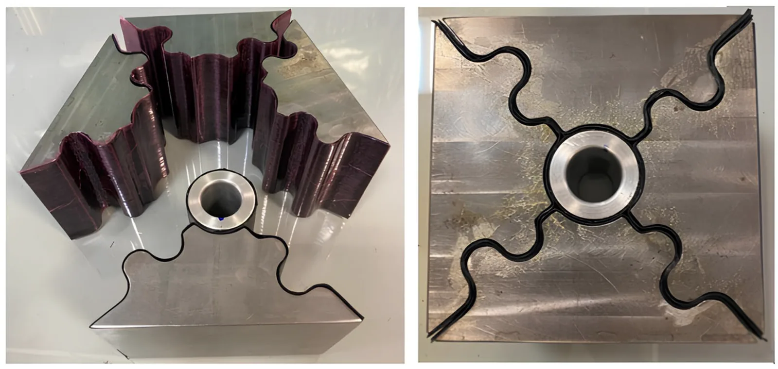 Steel split-die mould assembly with carbon/epoxy prepreg plies