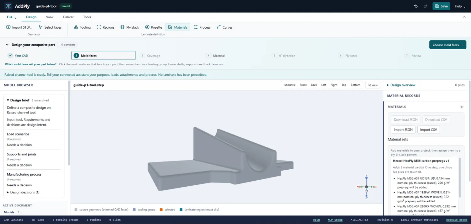 The AddPly browser app with a CAD tool loaded and the guided steps for designing a composite part