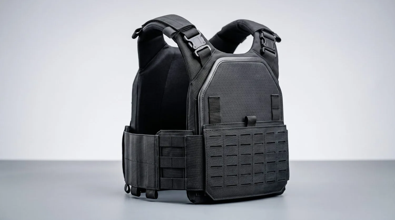 A modern composite plate carrier, a multi-material stack of ceramic strike face and aramid or polyethylene backing layers.