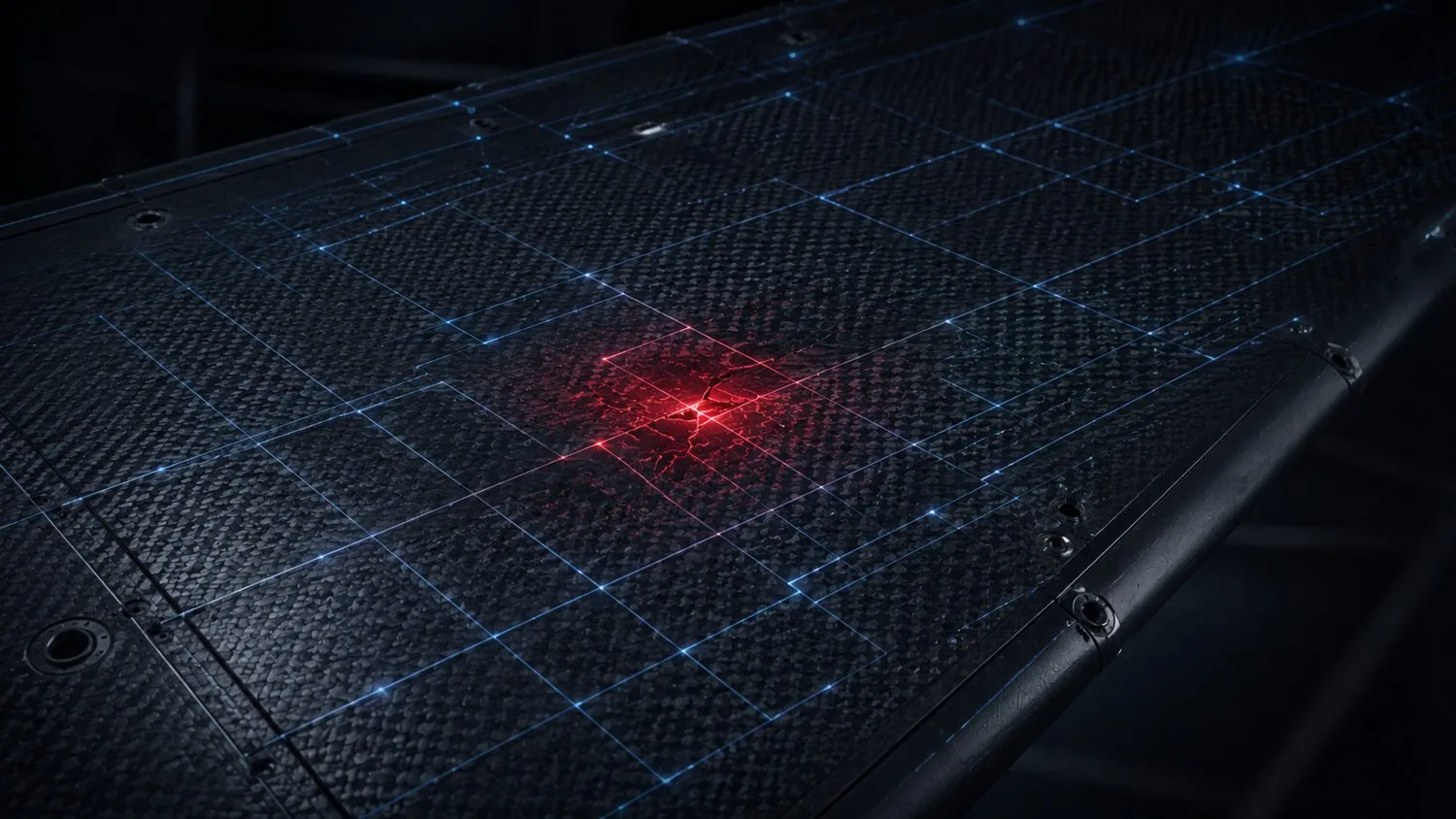 A conductive sensing grid across a carbon-fibre panel, with one region highlighted in red where damage is detected.