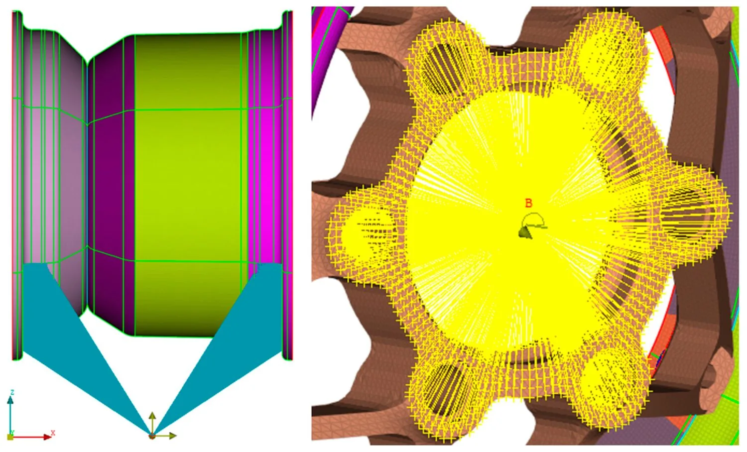 Two FEM views of the wheel load setup: contact-patch forces and drive-torque coupling.