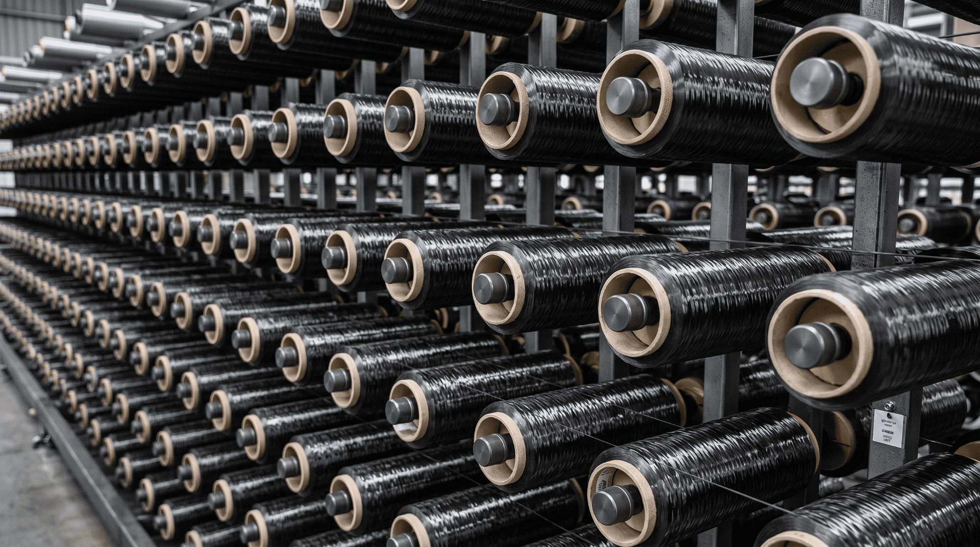 Raw carbon fiber tow spools on industrial creel racks