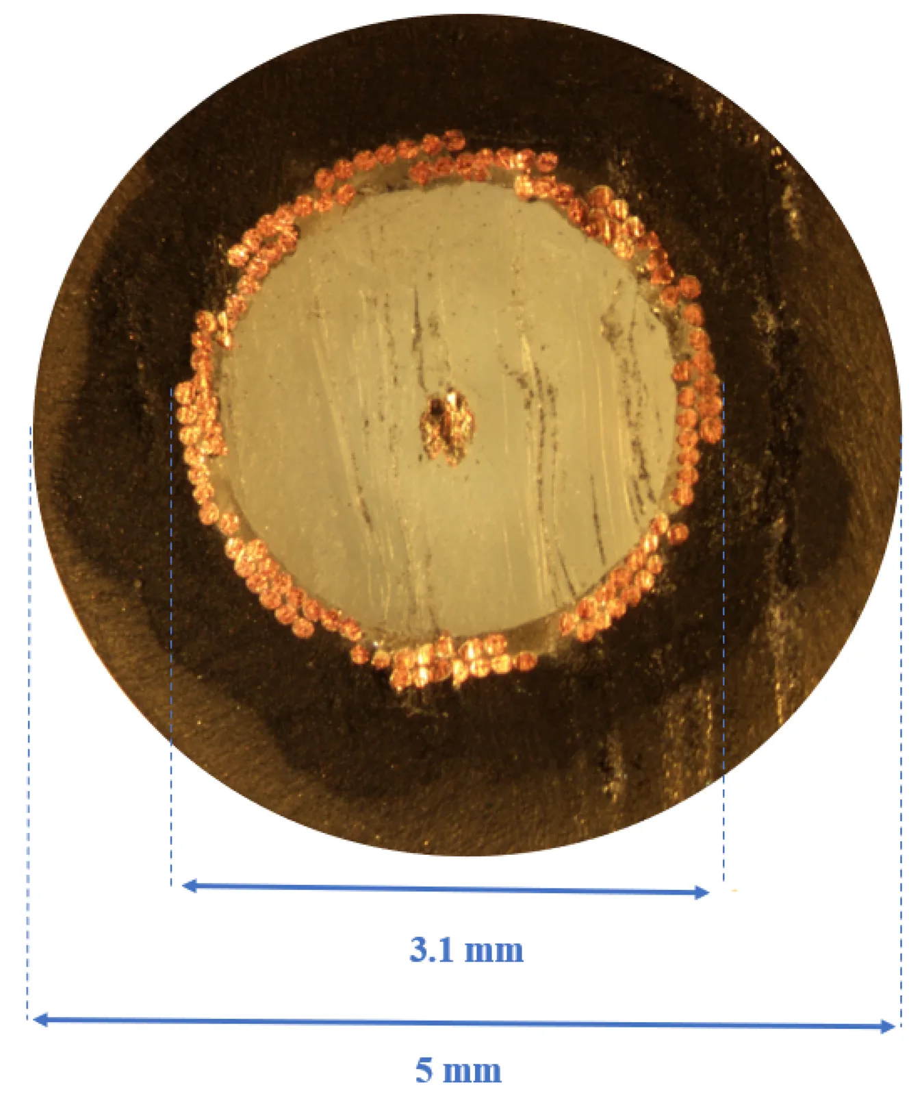 A cross-section cut through one spiral arm showing the stripped coaxial cable inside the carbon-fiber epoxy composite