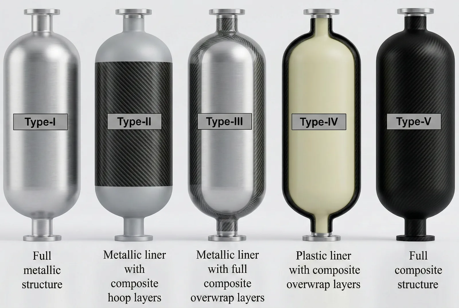 Composite pressure vessel types from Type I to Type V
