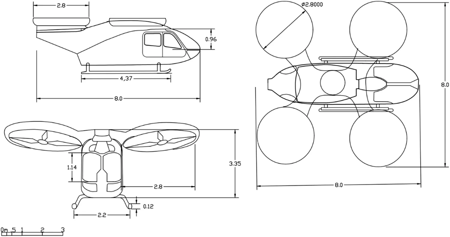 Multi-view engineering drawings of the CityAirbus air taxi with dimensions in metres