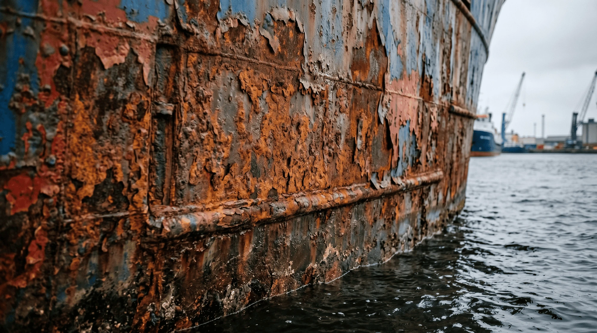Rust scaling and paint delamination on a working vessel hull