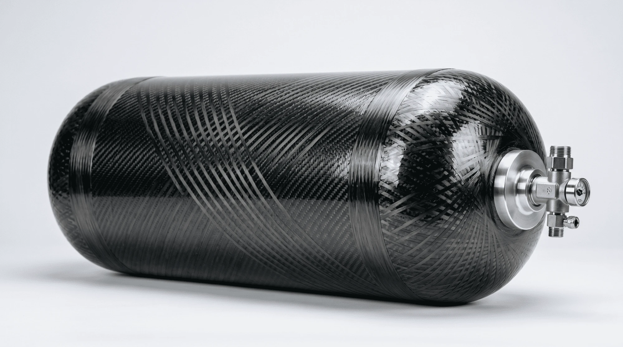 A filament-wound composite pressure vessel.