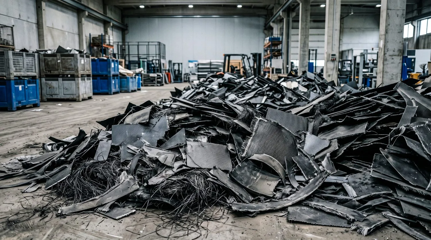 Industrial carbon fibre composite waste awaiting recycling.