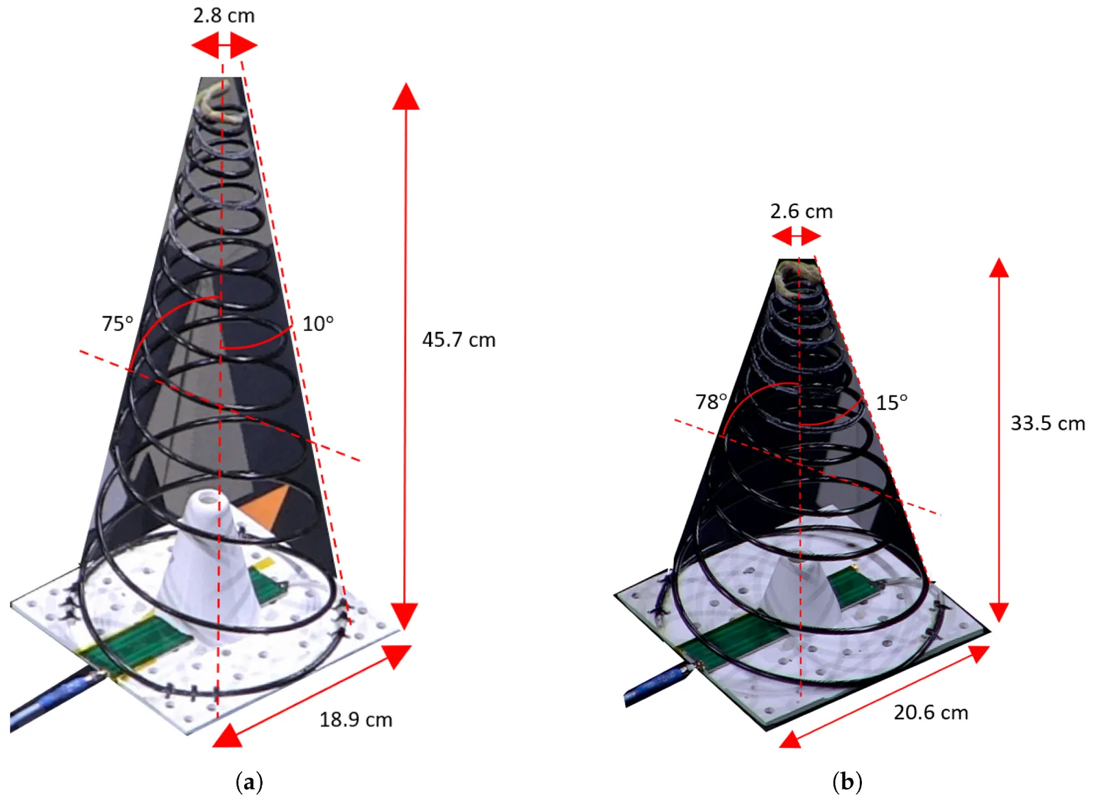 Side-by-side renders of the two 500–1500 MHz designs mounted on their square base plates