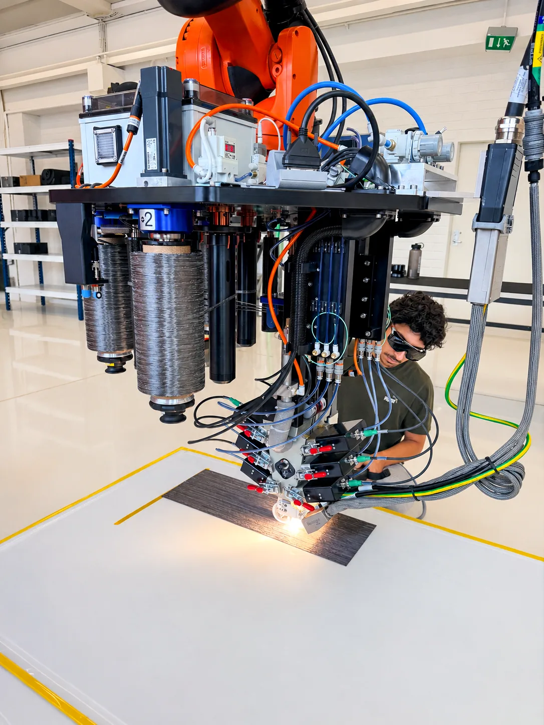 The AFP-X, Addcomposites' four-tow head, laying tape onto a flat tool during a layup.