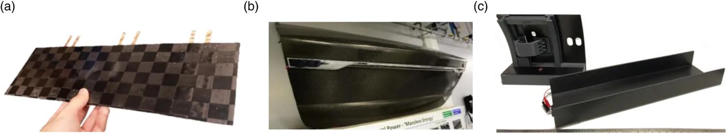 Three physical structural power demonstrators photographed side by side: (a) a flat, checker-patterned composite panel with structural batteries integrated into