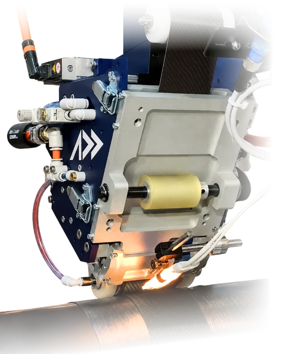 ATL automated tape-laying head depositing wide composite tape