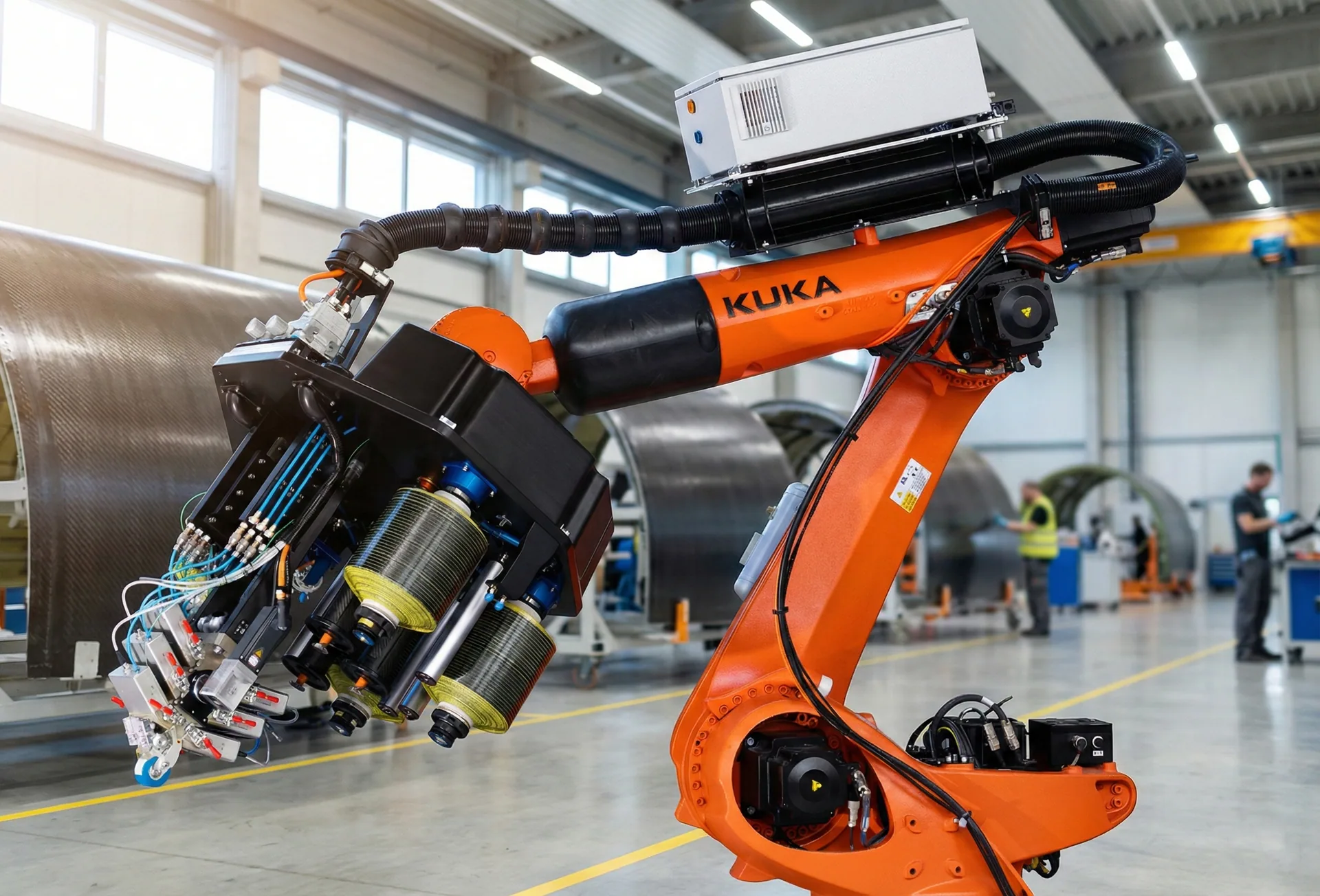 AFP-X multi-tow automated fiber-placement system mounted on an industrial robot