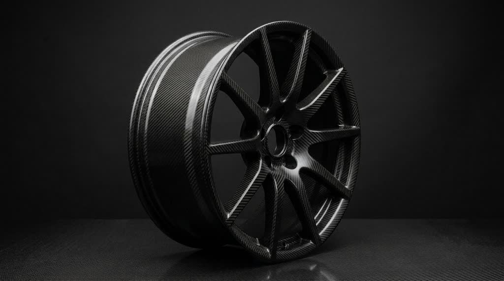 A finished carbon fibre composite wheel rim, spokes and barrel woven in one structure