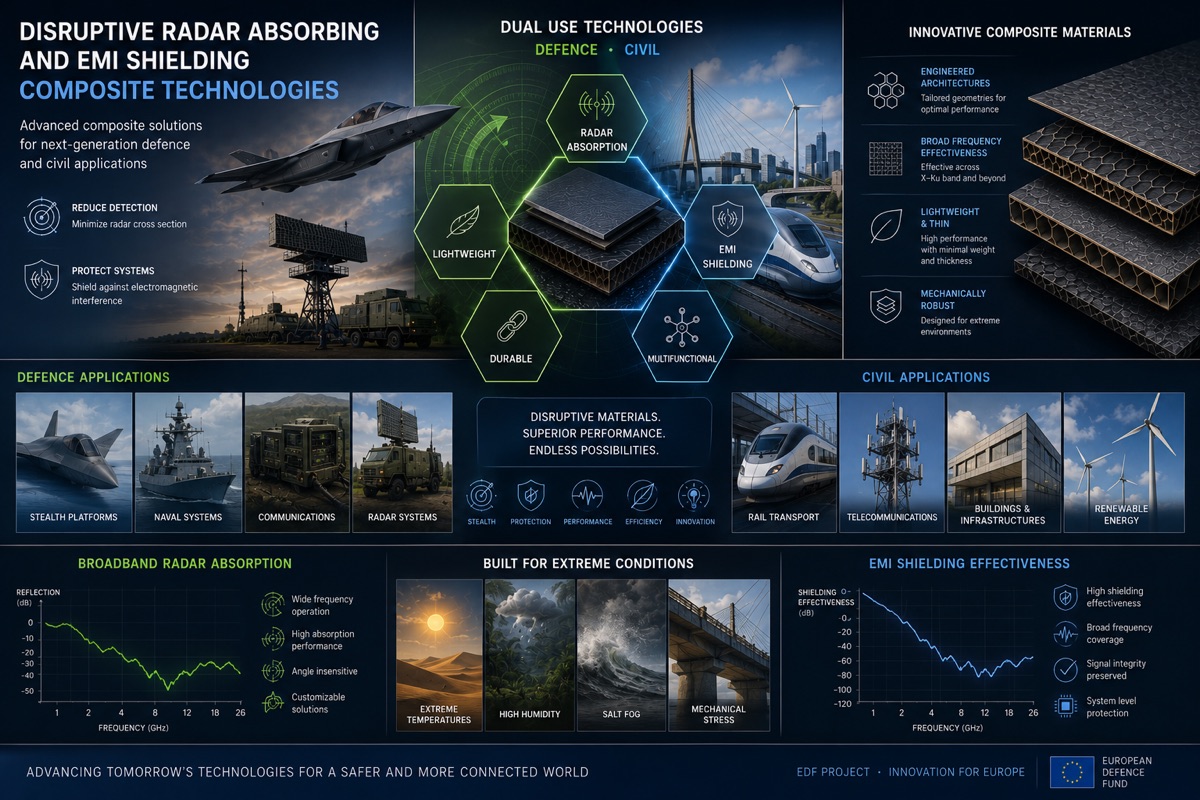 ABBOT project concept graphic: radar-absorbing and EMI-shielding composite technology for dual-use defence and civil applications, European Defence Fund